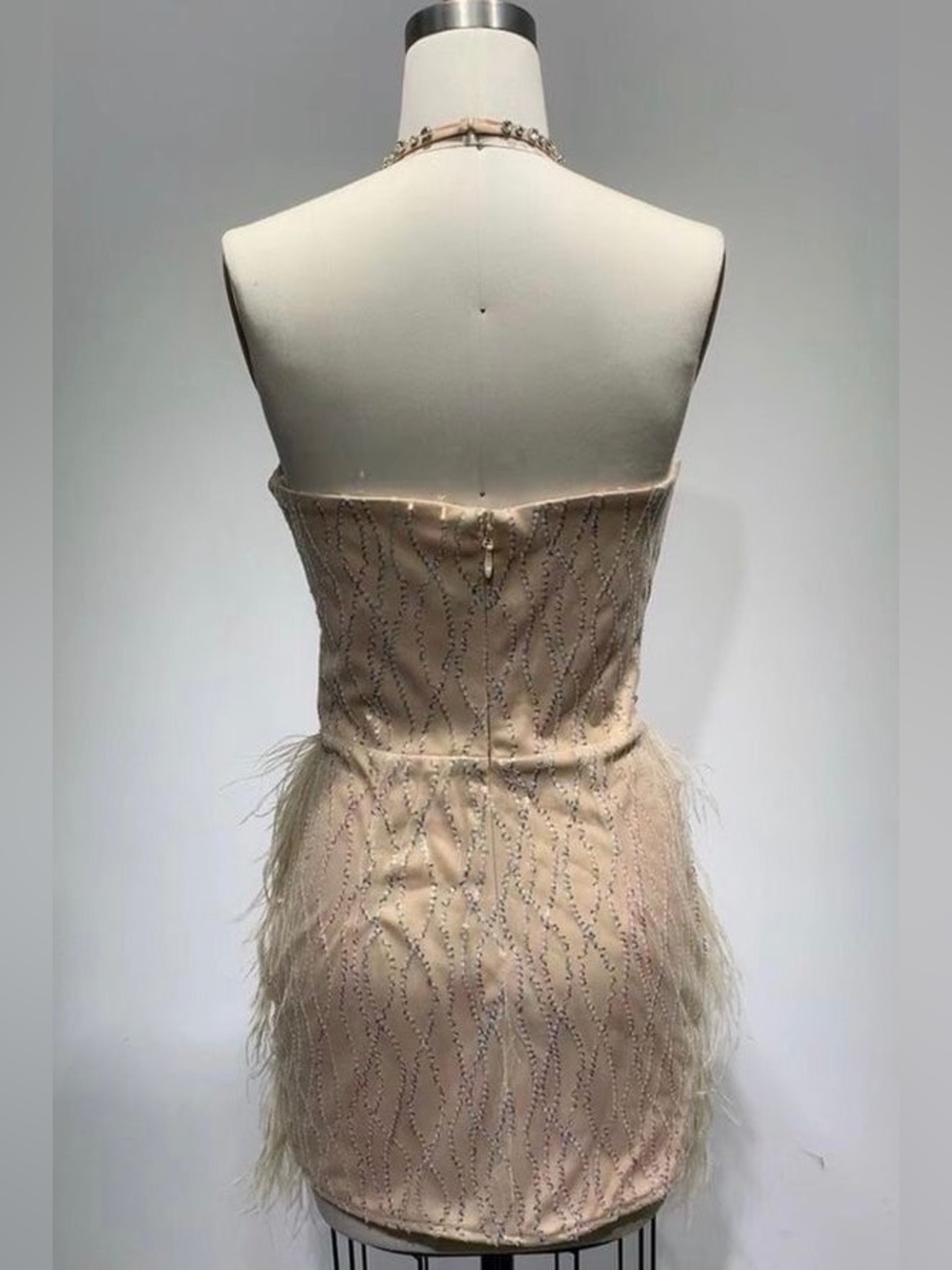 Elegant Feathered Halter Mini Dress in Champagne - Picture 6 of 14